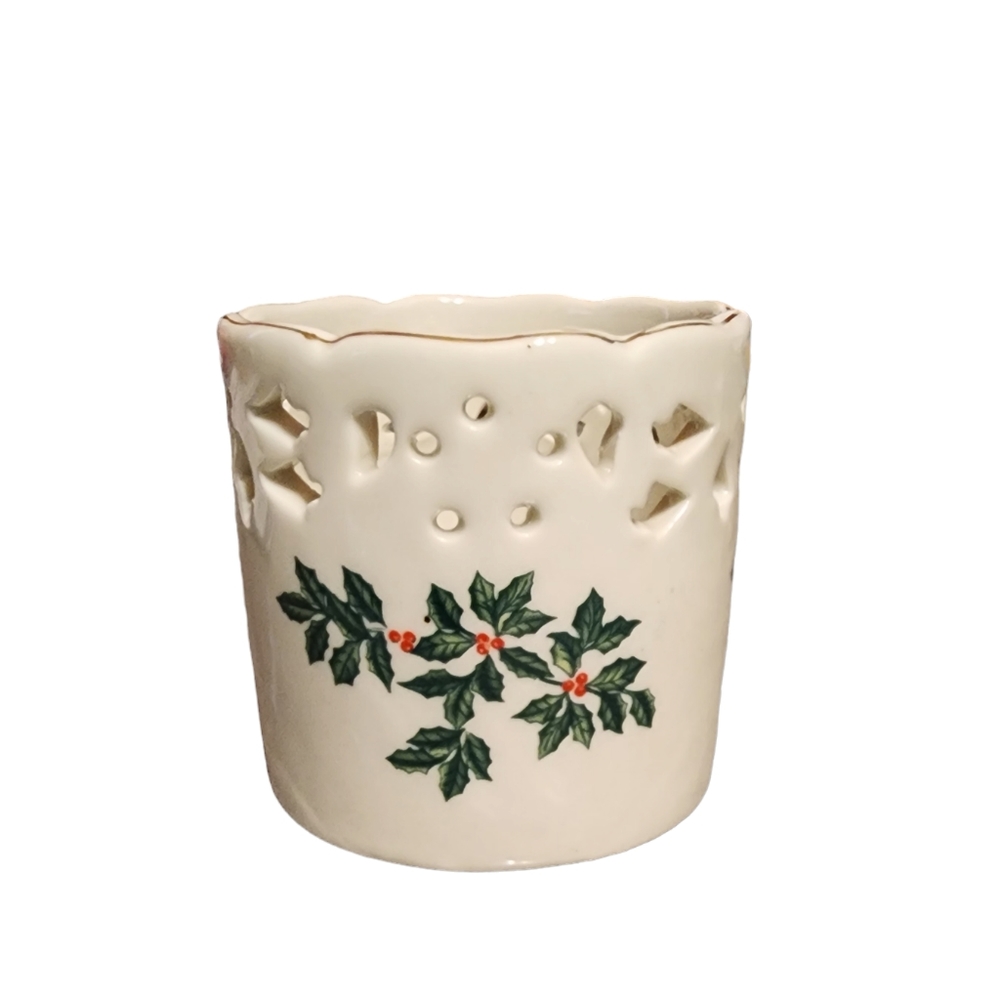 Vintage ceramic Christmas tea light / votive holder with Holly berries